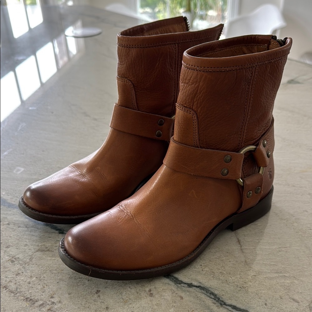 Frye Brown Ankle Booties with Harness Detail